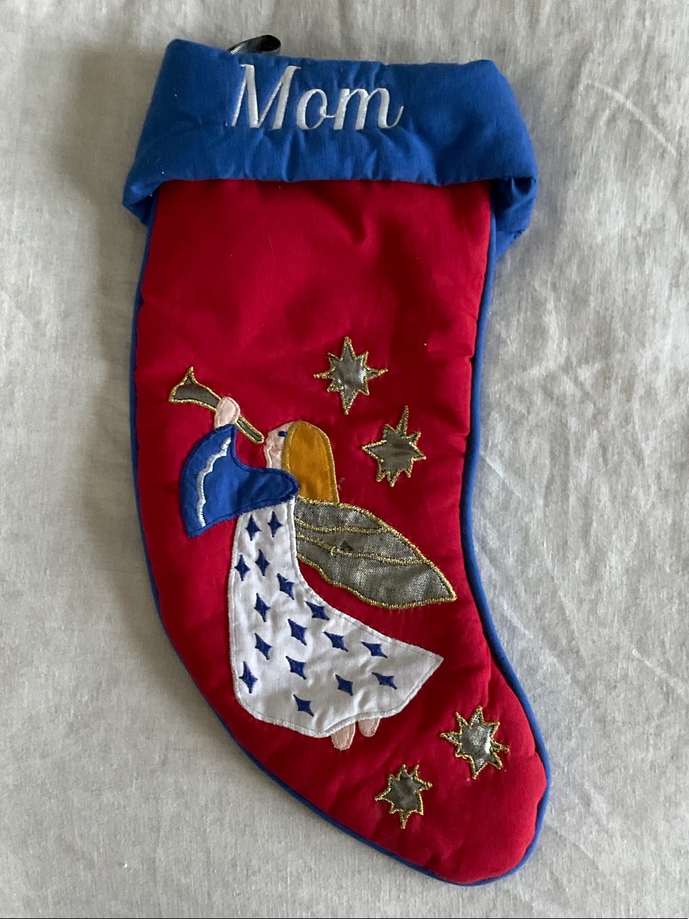 Vintage Eddie Bauer Red and Blue Angel Embroidered Christmas Stocking